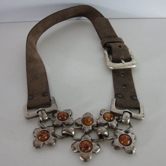 Express Belt Womens Small Brown Brown Suede Leather Orange Beaded Belt Italy - Picture 2 of 10